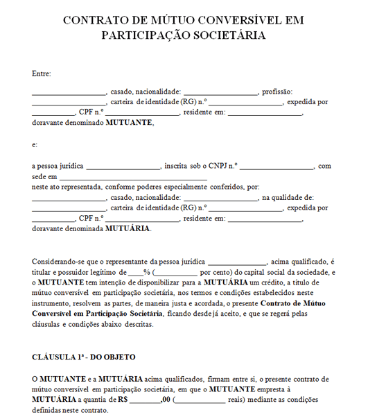 Contrato de Mútuo Conversível em Participação Societária | Word e PDF
